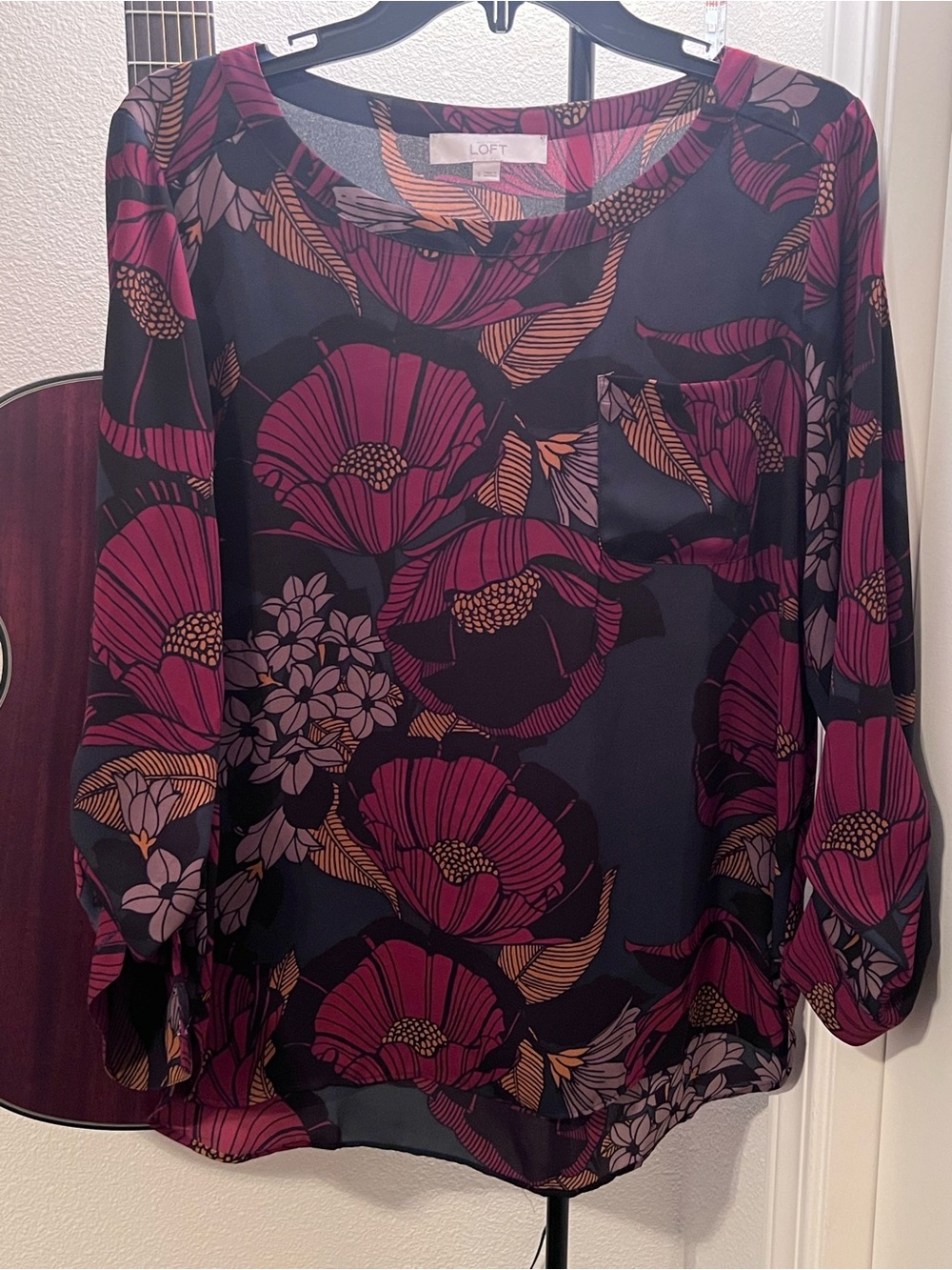 LOFT Women's Black Floral Blouse Berry Pink Size Small